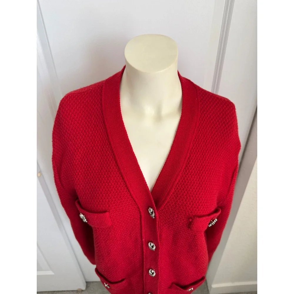 Karen Scott Vintage Red Knit Large Cardigan Sweater Silver Buttons Wool Blend